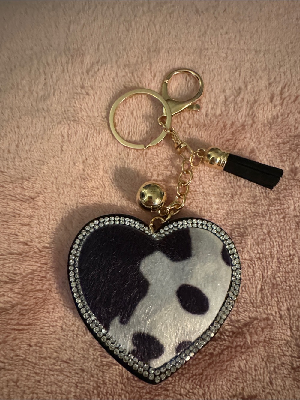 Gold Heart Keychain with Black & White Cowhide Pattern